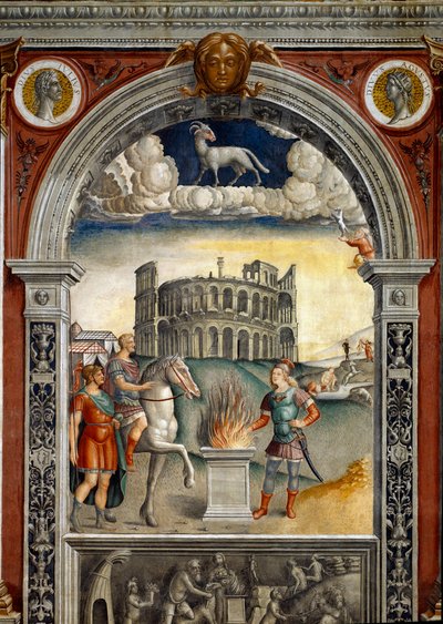 Stjernetegn: “” The belier””” På toppen medaljonger med portretter av Jules Cesar og Augustus. Nedenfor, legende assosiert med fødselen av stjernebildet som tilsvarer tegnet: Caius Mucius Scaevola, introdusert i fiendens leir til etruskisk ki av Giovanni Maria Falconetto