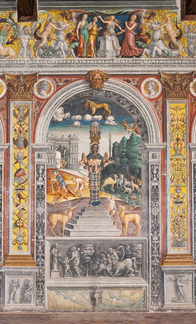 Det astrologiske tegnet til Løven med Diana, to hjorter og en satyr som på en sarkofag i Bleinhaim Palac; i bakgrunnen Arco degli Argentari i Roma og Hercules som kjemper mot Nemean-løven, Chamber of the Zodiac (Camera dello Zodiaco) av Giovanni Maria Falconetto
