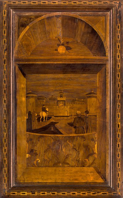 Lignaean Canonical Choir, innlagt av Giovanni Maria Platina 1484, Superior Stallo, utsikt over Sforzesco-slottet i Milano av Giovanni Maria Platina