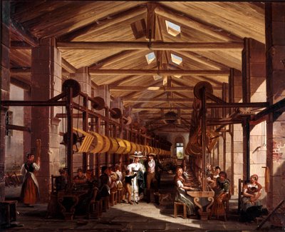 Spinneverkstedet Mylius har Boffalora Ticino nær Milano Maleri av Giovanni Migliara (1785-1837) 1828 Olje på lerret, høyde: 44 cm Menaggio, privat samling av Giovanni Migliara