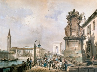 Utsikt over Trofeo-broen over naviglio Pavese, Milano (akvarell av Giovanni Migliara
