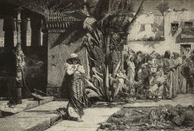 Magdalene, kvinne med turban og prosesjon i landsbyen i Midtøsten, gravering av brødrene Cantagalli fra maleri av Giovanni Muzzioli (1854-1894), Modena, Italia fra L