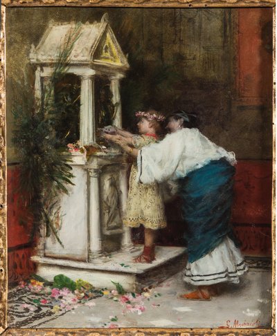 Mor og datter foran et lite tempel (olje på lerret) av Giovanni Muzzioli