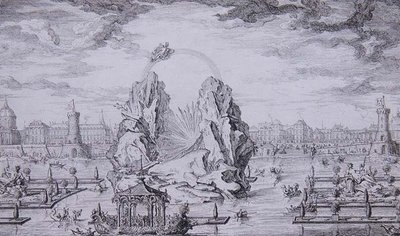 Fyrverkeri for å feire fødselen til Dauphin (sønn av Louis XV) gravert av Jean Dumont (Le Romain) (1701-81) 1730 (radering) av Giovanni Niccolo (after) Servandoni