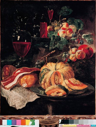 Stilleben Gresskar, bacon, skinke, fersken og vin. Maleri av Giovan Paolo Castelli dit Lo Spadino (1659-1730) 1703 Roma, Museum of the Conservatori capitolini av Giovanni Paolo Castelli