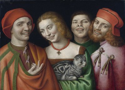 ""Portrett av tre menn og en kvinne som holder en katt"" (Tre menn med en kvinne som holder en katt) Maleri av Giovanni Paolo Lomazzo (1538-1600) Privat samling av Giovanni Paolo Lomazzo