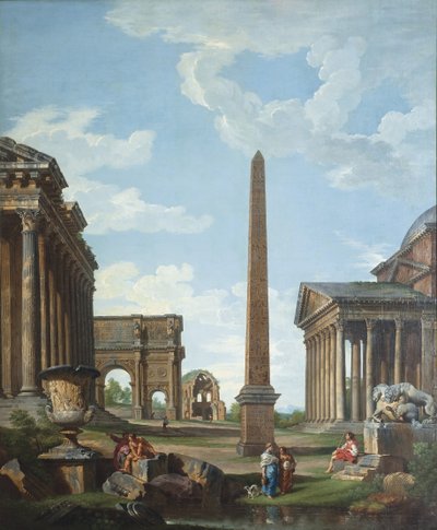 En capriccio med romerske ruiner og en scene fra Belisarius liv av Giovanni Paolo Pannini
