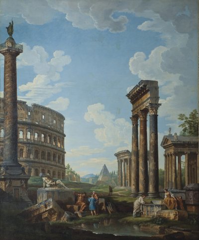 En capriccio med figurer blant romerske ruiner, inkludert Konstantinbuen og Pantheon av Giovanni Paolo Pannini