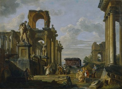 Arkitektonisk Capriccio fra Forum Romanum med filosofer og soldater blant gamle ruiner av Giovanni Paolo Pannini