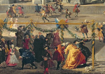 Forberedelse til fyrverkeri som ble holdt på Piazza Navona, Roma, for å feire Dauphins fødsel, 1729 (detalj av 91023) av Giovanni Paolo Pannini