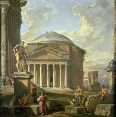 Utsikt over Pantheon, Farnese Hercules og andre romerske ruiner av Giovanni Paolo Pannini