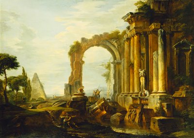 En Capriccio av klassiske ruiner med Cestius-pyramiden og figurer i et landskap, av Giovanni Paolo Pannini