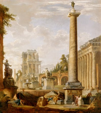 Capriccio av romerske ruiner med Trajans søyle (olje på lerret) av Giovanni Paolo Pannini