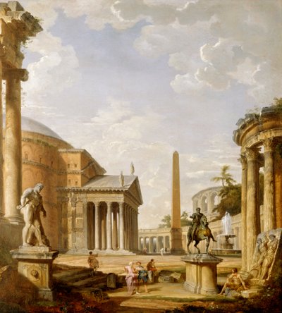 Capriccio av romerske ruiner med Pantheon (olje på lerret) av Giovanni Paolo Pannini