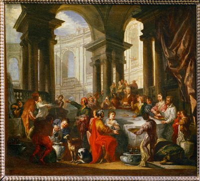 Festen finner sted under en portikk av jonisk orden ... av Giovanni Paolo Pannini or Panini