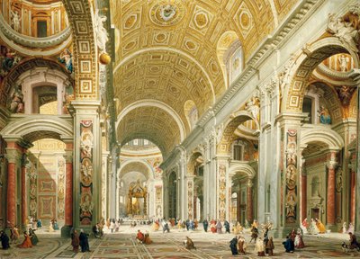 Interiør av St. Peters Roma, ser vestover mot St. Peters grav av Giovanni Paolo Pannini