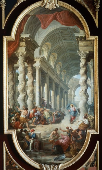 Jesus steinet i tempelet, av Giovanni Paolo Panini (1691-1765), maleri, Palace of La Granja, Segovia, Spania. av Giovanni Paolo Pannini