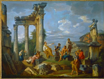 Predikant midt i ruinene i Roma beriket med figurer, med Pantheon og statuen av Flora... (maleri på lerret) av Giovanni Paolo Pannini or Panini