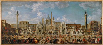 Forberedelser til fyrverkeri og dekorasjoner til festen som ble holdt på Piazza Navona i Roma 30. november... av Giovanni Paolo Pannini or Panini