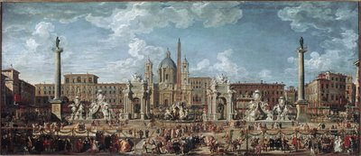 Forberedelser til fyrverkeri og dekorasjoner av festen gitt i Roma for å feire fødselen til Louis de France-delfinen (olje på lerret av Giovanni Paolo Pannini