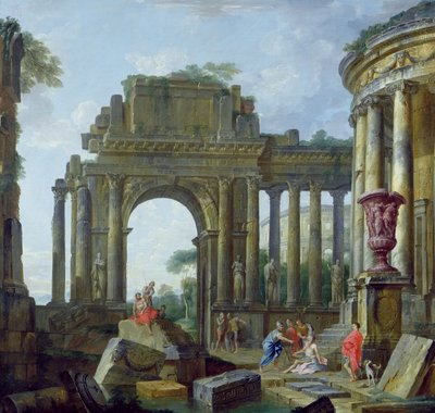 Romerske ruiner med de blinde Belisarius (olje på lerret) av Giovanni Paolo Pannini
