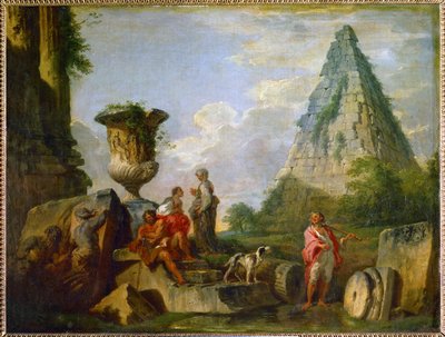Gamle ruiner med Gaius Cestius-pyramiden... av Giovanni Paolo Pannini or Panini