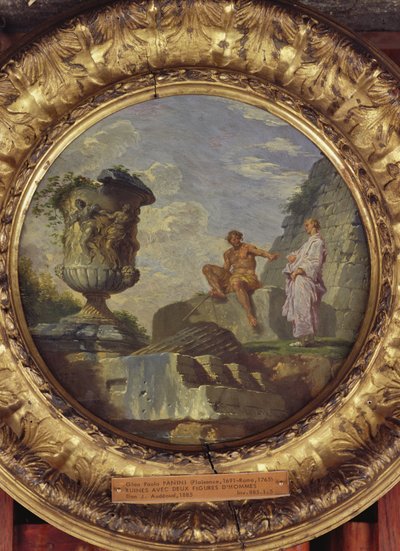 Ruiner med to menn, ca. 1750-60 (olje på kobber) av Giovanni Paolo Pannini