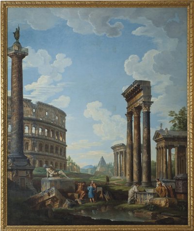En Capriccio med figurer i romerske ruiner, inkludert Konstantinbuen og Pantheon, Colosseum og Trajans søyle (Trajans søyle eller Colonna Traiana) - Maleri av Giovanni Paolo Panini (Pannini) (1691-1765), olje på lerret, 210.8 x1 av Giovanni Paolo Pannini