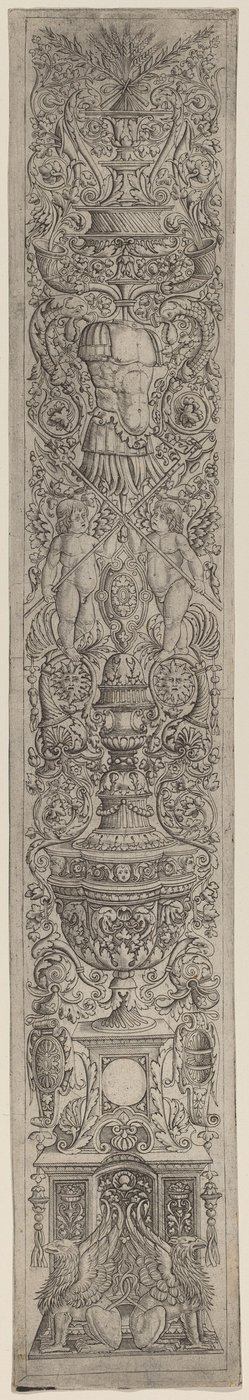 Ornamentpanel: Griffins og to amoriner som krysser hellebarder av Giovanni Pietro Birago and Zoan Andrea
