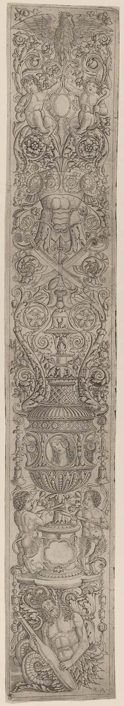 Ornamentpanel: Triton og Two Infant Satyrs av Giovanni Pietro Birago and Zoan Andrea