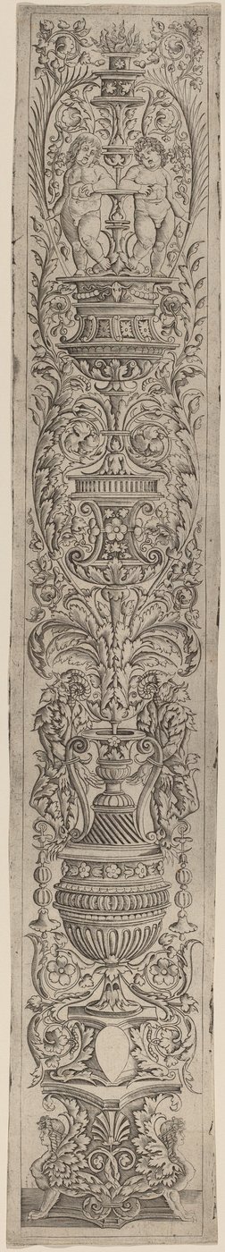 Ornamentpanel: To sfinkser og to barn som holder håndflater av Giovanni Pietro Birago and Zoan Andrea