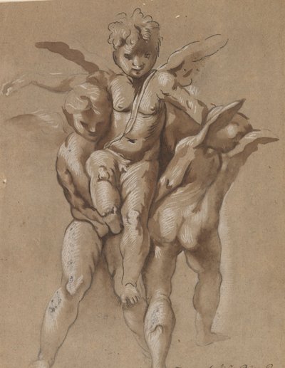 To Putti som bærer en tredje Putti (recto); En ungdom med en stab (verso) av Giovanni Pietro Possenti