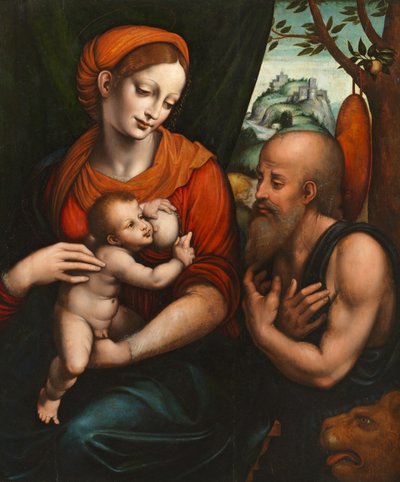 Jomfru og barn med Saint Hieronymus av Giovanni Pietro Rizzoli (attr. to) Giampietrino