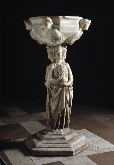 Stoup med en søyle dekorert med de tre teologiske dydene og et basseng dekorert med byster av de fire kardinaldydene, 1200-tallet (skulptur) av Giovanni Pisano