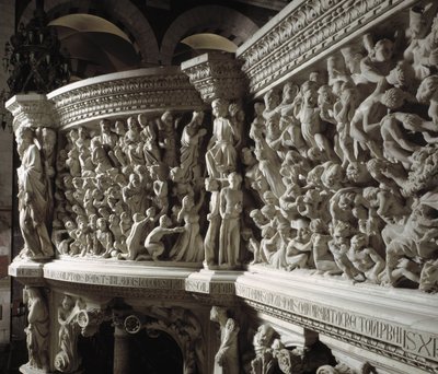 Detalj av stolen realisert av Giovanni Pisano (1248-1314): Kristusdommeren mellom de utvalgte og de fordømte (Detalj av relieffene på marmorprekestolen, Kristus mellom utvalgte og fordømte sjeler) 1302-1311 Cathedrale of Pisa (Duomo di Pisa), Italia av Giovanni Pisano