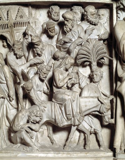 Detalj av relieffene av stolen realisert av Giovanni Pisano (1248-1314): Detalj av relieffene av marmorprekestolen, flukt inn i Egypt 1302-1311 Cathedrale de Pisa (Duomo di Pisa), Italia av Giovanni Pisano