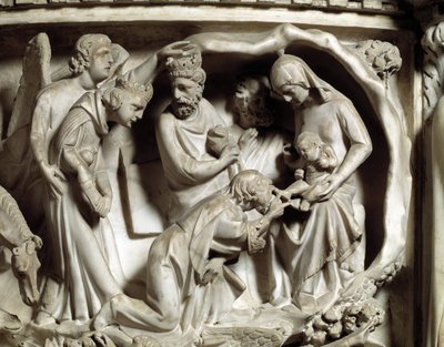 Detalj av relieffene av stolen realisert av Giovanni Pisano (1248-1314): Detalj av relieffene av marmorprekestolen, tilbedelsen av magiene 1302-1311 Cathedrale of Pisa (Duomo di Pisa), Italia av Giovanni Pisano