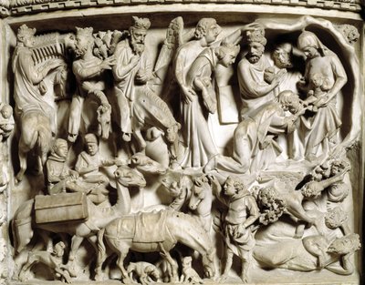 Detalj av relieffene av stolen realisert av Giovanni Pisano (1248-1314): reisen og tilbedelsen av magiene (Detaljer av relieffene av marmorprekestolen, reisen og tilbedelsen av magiene) 1302-1311 Cathedrale of Pisa (Duomo di Pisa), Italia av Giovanni Pisano