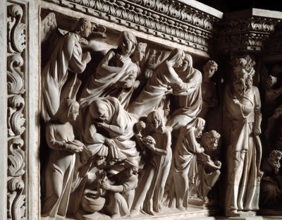 Detalj av relieffene av stolen realisert av Giovanni Pisano (1248-1314): kunngjøringen, besøkelsen og fødselen til døperen Johannes (Detaljer av relieffene på marmorprekestolen, kunngjøringen, besøkelsen og fødselen av døperen Johannes) 1302 -1311 Cath av Giovanni Pisano