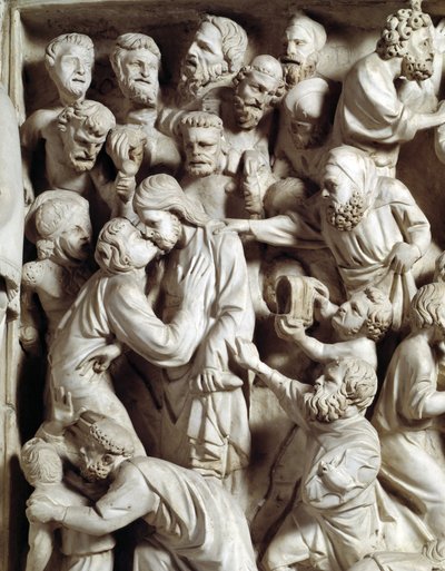 Detalj av relieffene av stolen realisert av Giovanni Pisano (1248-1314): Judas kyss (Detalj av relieffene av marmorprekestolen, kyss av Judas) 1302-1311 Cathedrale of Pisa (Duomo di Pisa), Italia av Giovanni Pisano