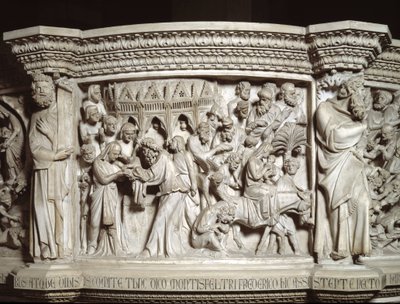 Detalj av relieffene av stolen realisert av Giovanni Pisano (1248-1314): presentasjonen av Jesus ved templet og flukten til Egypt (Detaljer av relieffene av marmorprekestolen) 1302-1311 Cathedrale of Pisa (Duomo di Pisa) , Italia av Giovanni Pisano