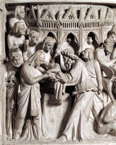 Detalj av relieffene av stolen realisert av Giovanni Pisano (1248-1314): presentasjonen av Jesus ved templet (Detaljer av relieffene av marmorprekestolen) 1302-1311 Cathedrale of Pisa (Duomo di Pisa), Italia av Giovanni Pisano
