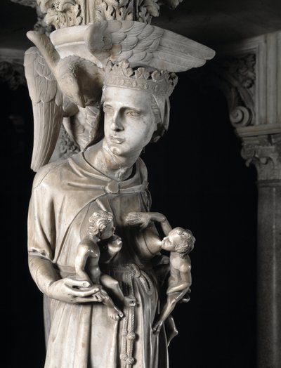 Detalj av de skulpturerte gruppene som støtter stolen realisert av Giovanni Pisano (1248-1314): Kirken nærer sine barn (Detalj av skulpturene som støtter marmorprekestolen, kirken mater barna hennes) 1302-1311 Cathedrale de Pisa (Duomo di Pis) av Giovanni Pisano