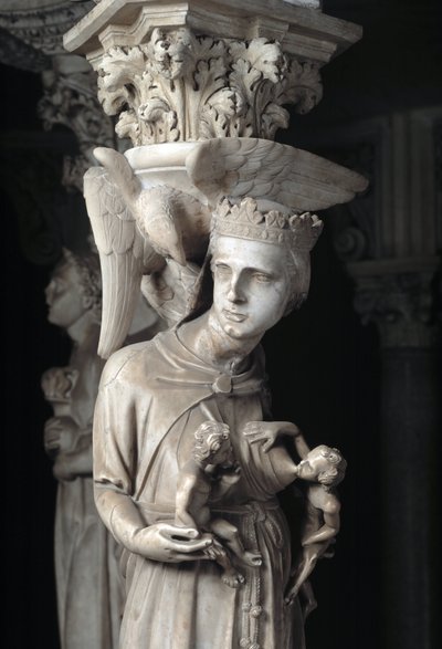 Detalj av de skulpturerte gruppene som støtter stolen realisert av Giovanni Pisano (1248-1314): Kirken nærer sine barn (Detalj av skulpturene som støtter marmorprekestolen, kirken mater barna hennes) 1302-1311 Cathedrale de Pisa (Duomo di Pis) av Giovanni Pisano
