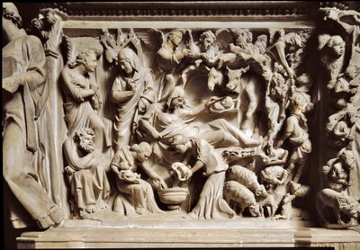 Bebudelsen og fødselen. Høyrelieff av utskåret marmor av Giovanni Pisano
