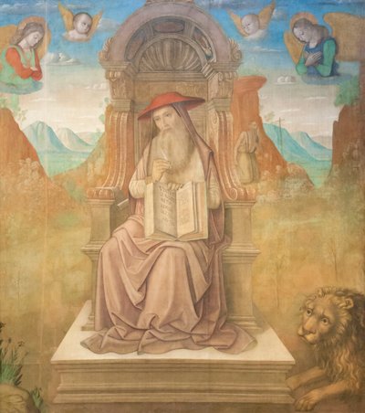Saint Jerome Enthroned (tempera på panel) av Giovanni Santi or Sanzio