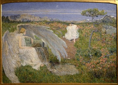 Love Source of Life: En engel som ser på et par gå i et drømmeaktig landskap av Giovanni Segantini