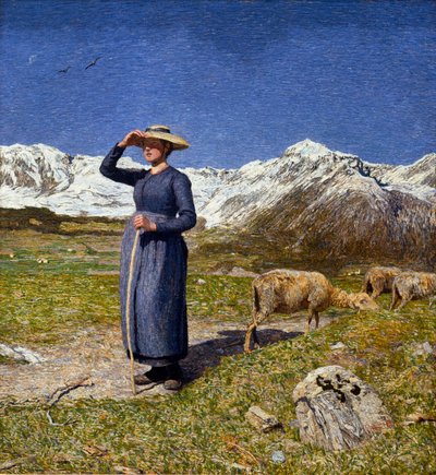 Middag i Alpene En bergere beskytter øynene mot solen. Maleri av Giovanni Segantini (1858-1899) 1891 Søn. 7,5x71,57 cm Samling O. Fischebacher av Giovanni Segantini