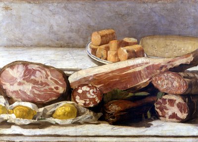 Fargegleden, stilleben av pålegg. Maleri av Giovanni Segantini (1858-1899). 1886. Milan, al. private. av Giovanni Segantini