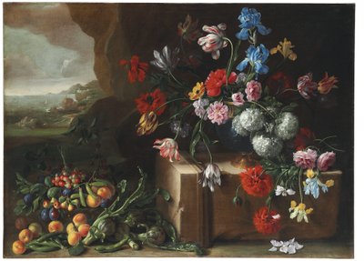 Krysantemum, tulipaner, iris og andre blomster og frukt i et landskap av Giovanni Stanchi
